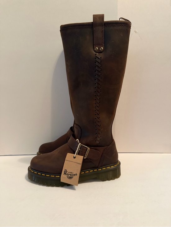 Dr. Martens Shoes - NWT Dr. Martens Anistone Brown Tall Harness Boots with Yellow Stitching